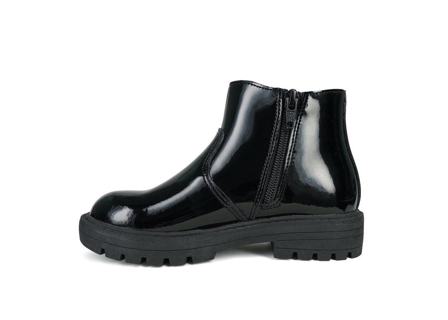 CARA - Girls' Black Patent Coated Leather Gusset Ankle Boots Boots All Girls ToeZone Footwear